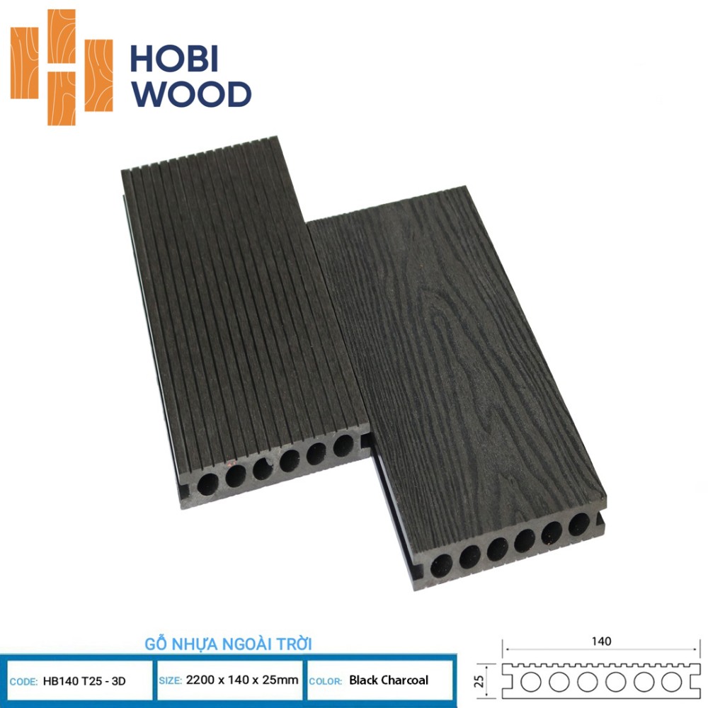 Sàn Gỗ Ngoài Trời Hobi Wood HB140T25-3D Black Charcoal